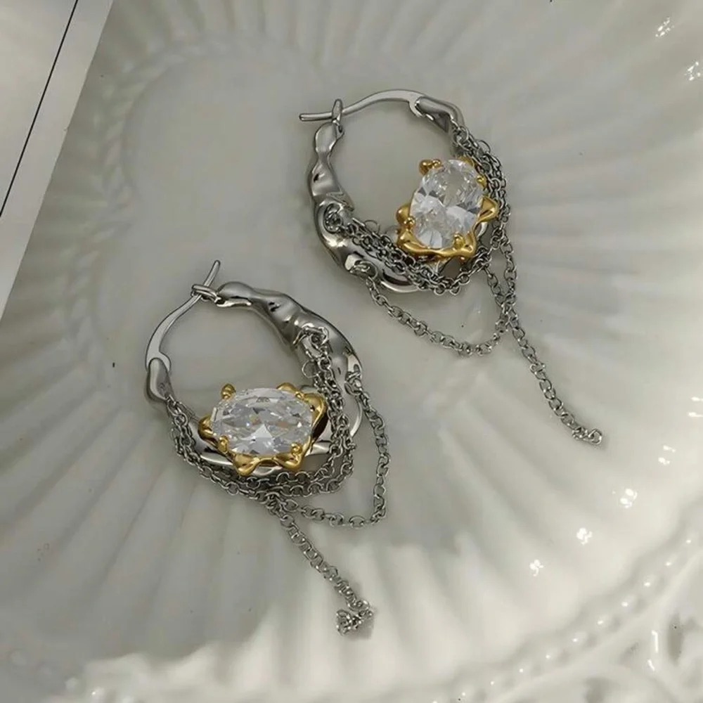 Silver & Gold Hoop Earrings Rhinestone Chain Wrapped Tassel Jewelry Gift NEW